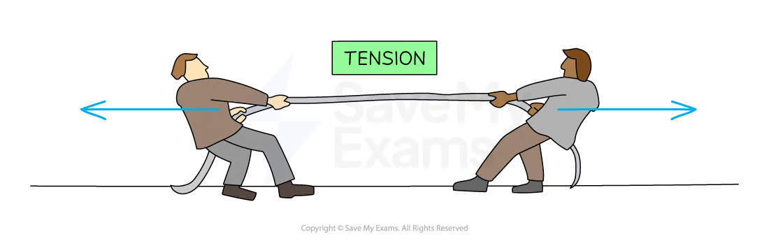<ul><li><p>tension occurs in a stretched object (rope or spring)</p></li><li><p>when pull force exerted on each end, tension acts across the length of the object</p></li><li><p>ex: two people pull a rope in opposite directions → tension acts along rope, pulls back on each person</p></li></ul><p></p>