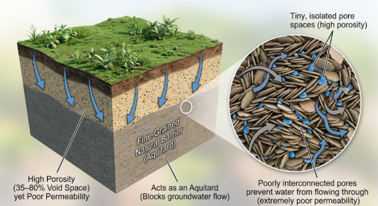<p>What is the term/concept being visualized in this image? </p><p>Definition: High porosity (35-80%) but poor permeability because the tiny pores are poorly interconnected (functions as an aquitard).</p>