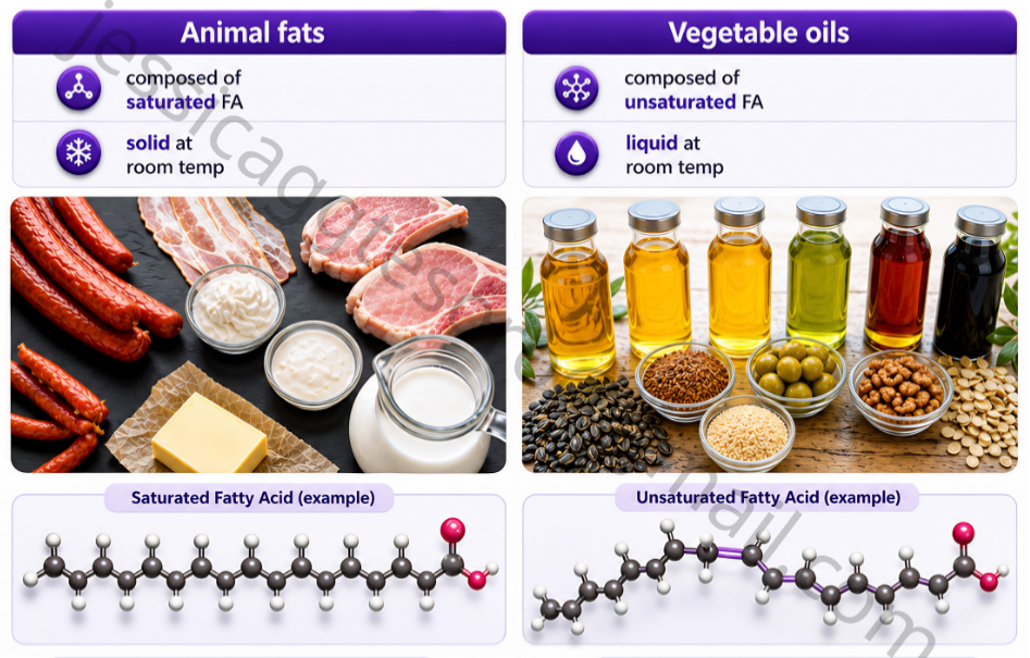 <p><strong>Saturated </strong>= linear, no double bonds, solid, <strong>animal fats</strong>, less reactive (↑C&nbsp;↑MP)&nbsp;</p><p><strong>Unsaturated </strong>= bent cis, with double bonds, liquid, <strong>plant oil</strong>, (↑double bonds, same #C,&nbsp;↓MP more prone to breaking)<br><br>C=C are e- rich, more reactive, more prone to degradation</p>