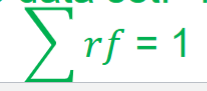 <p>Relative frequency: the number of times a value appears in a certain data set divided by the total number of values </p><ul><li><p>sum of rf is 1</p></li><li><p>rf = f/n</p></li></ul><p></p>