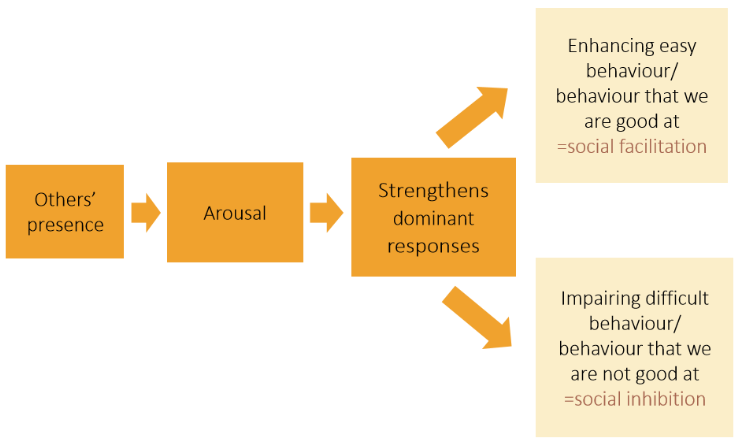 <ul><li><p><span style="background-color: inherit; line-height: 20.7px; color: windowtext;">The physical presence of members of the same species instinctively causes arousal that motivates performance of habitual behaviour patterns</span><span style="line-height: 20.7px; color: windowtext;"> </span></p></li><li><p><span style="background-color: inherit; line-height: 20.7px; color: windowtext;">Because people are relatively unpredictable behaviour-wise, there is a clear advantage to the species for people's presence to cause us to be in a state of alertness + readiness</span><span style="line-height: 20.7px; color: windowtext;"> </span></p></li><li><p><span style="background-color: inherit; line-height: 20.7px; color: windowtext;">Arousal functions as a drive that energises/causes us to enact that behaviour which is our dominant response</span><span style="line-height: 20.7px; color: windowtext;"> </span></p></li><li><p><span style="background-color: inherit; line-height: 20.7px; color: windowtext;">If the dom response is correct (we feel the task is easy) -> improved performance</span><span style="line-height: 20.7px; color: windowtext;"> </span></p></li><li><p><span style="background-color: inherit; line-height: 20.7px; color: windowtext;">If dom response is incorrect (task is difficult) -> impaired performance</span><span style="line-height: 20.7px; color: windowtext;"> </span></p></li><li><p><span style="background-color: inherit; line-height: 20.7px; color: windowtext;">Supported (Green + Gange, 1977; Guerin + Innes, 1982)</span></p></li></ul><p></p>