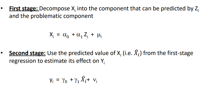 <p>most common estimation method : two stage least squares 2SLS </p><p>1) decompose Xi into the component that can e predicted by Zi and the problematic component </p><p>2) use the predicted value of Xi form the first stage regression to estimate its effect on Yi </p>