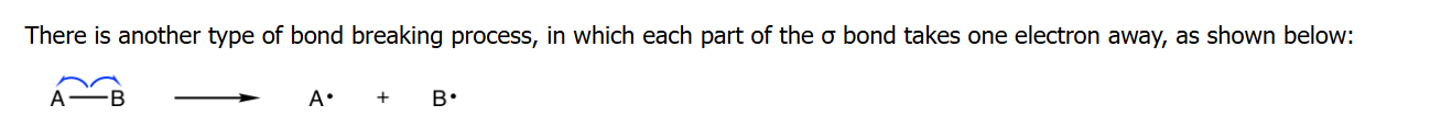 <p><span>The </span><strong>electron pair separate evenly to each part</strong><span>, and as a result both products contain a single electron.</span></p><p></p>