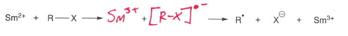 <p>A Sm2+ (usually SmI2) metal is used as it wants to be in the +3 O.S., making it a good reducing agent.</p><ul><li><p>An Ir(III) photoexcited complex can also be used.</p></li></ul><p></p>