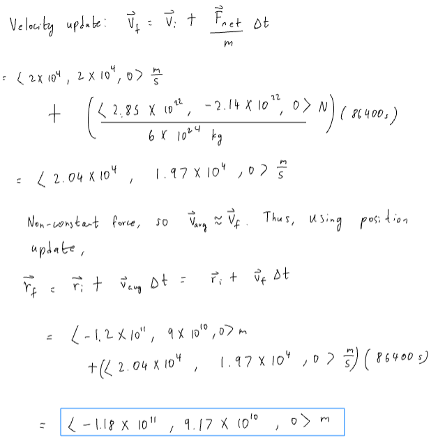 <p>velocity and position update formulas. since its a non constant force, v_avg = v_f when using the position update formula.</p>