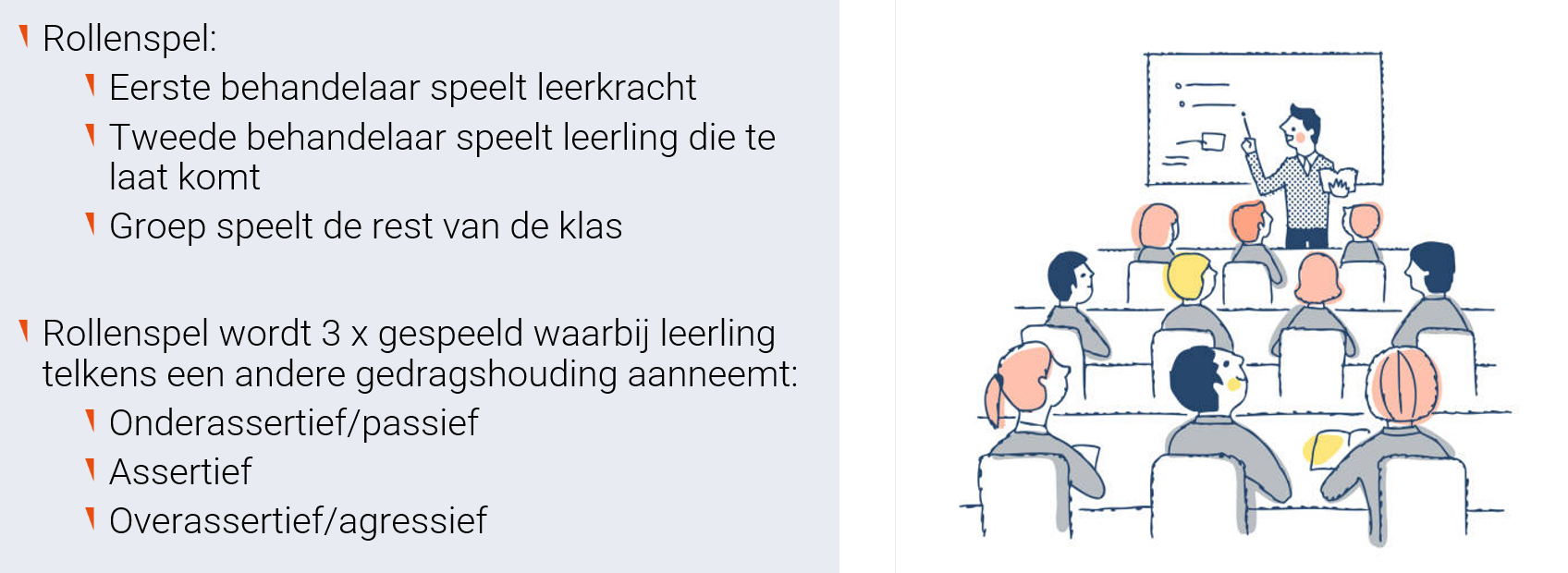 <p>Mensen hebben liever activerende werkvormen, niet te veel passief luisteren/uitleg</p><p>Zoals rollenspel</p>