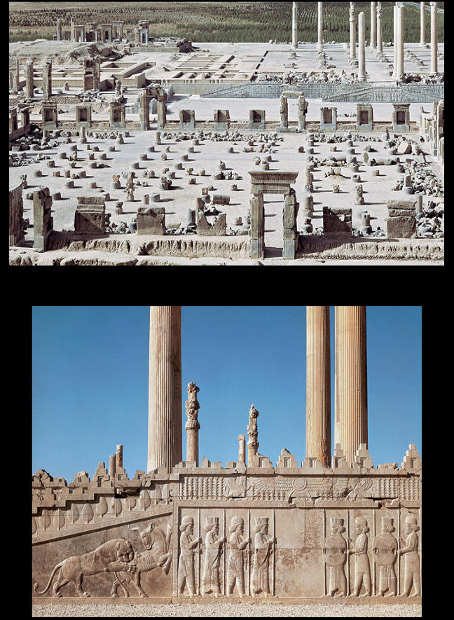 <p><span style="background-color: yellow;"><em>Royal Audience Hall and Stairway</em>, Persepolis (Iran), ca. 500 B.C.E.</span></p><p><em>Royal Audience Hall and Stairway</em>,</p><p style="text-align: left;">Persepolis (Iran), ca. 518 B.C.E.</p><p>•Plan unlike anyone seen before: succession of <u>columned courts</u>, axially arranged; central court 60 feet high and surface over 200 square feet; large, fluted columns</p><p>•Vast rock-cut podium with relief carving featuring fighting animals (bulls and lions) and superimposed registers of the Persian kings’ troops</p><p>•Heavily fortified, the palace is believed to have served above all ceremonial purposes</p>