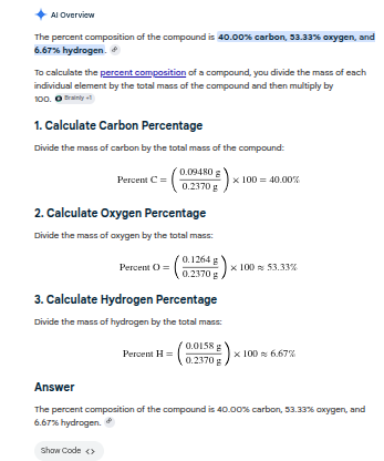 <p><strong>The compound is composed of 40.00\% carbon, 53.33% oxygen, and 6.67% hydrogem</strong></p>