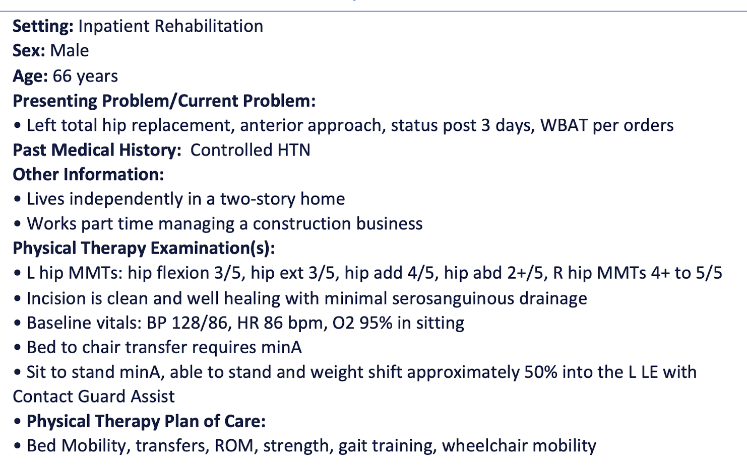 <p>which of the following is MOST LIKELY to be included while educating the patient on prevention of hip dislocation</p><p>a. transfer to the affected side from chair to bed </p><p>b. when donning/doffing shoes, rest the left ankle on top of the right knee sitting</p><p>c. keep knees higher than hips when sitting </p><p>d. avoid standing activities that involve rotating the body away from the operated extremity </p>