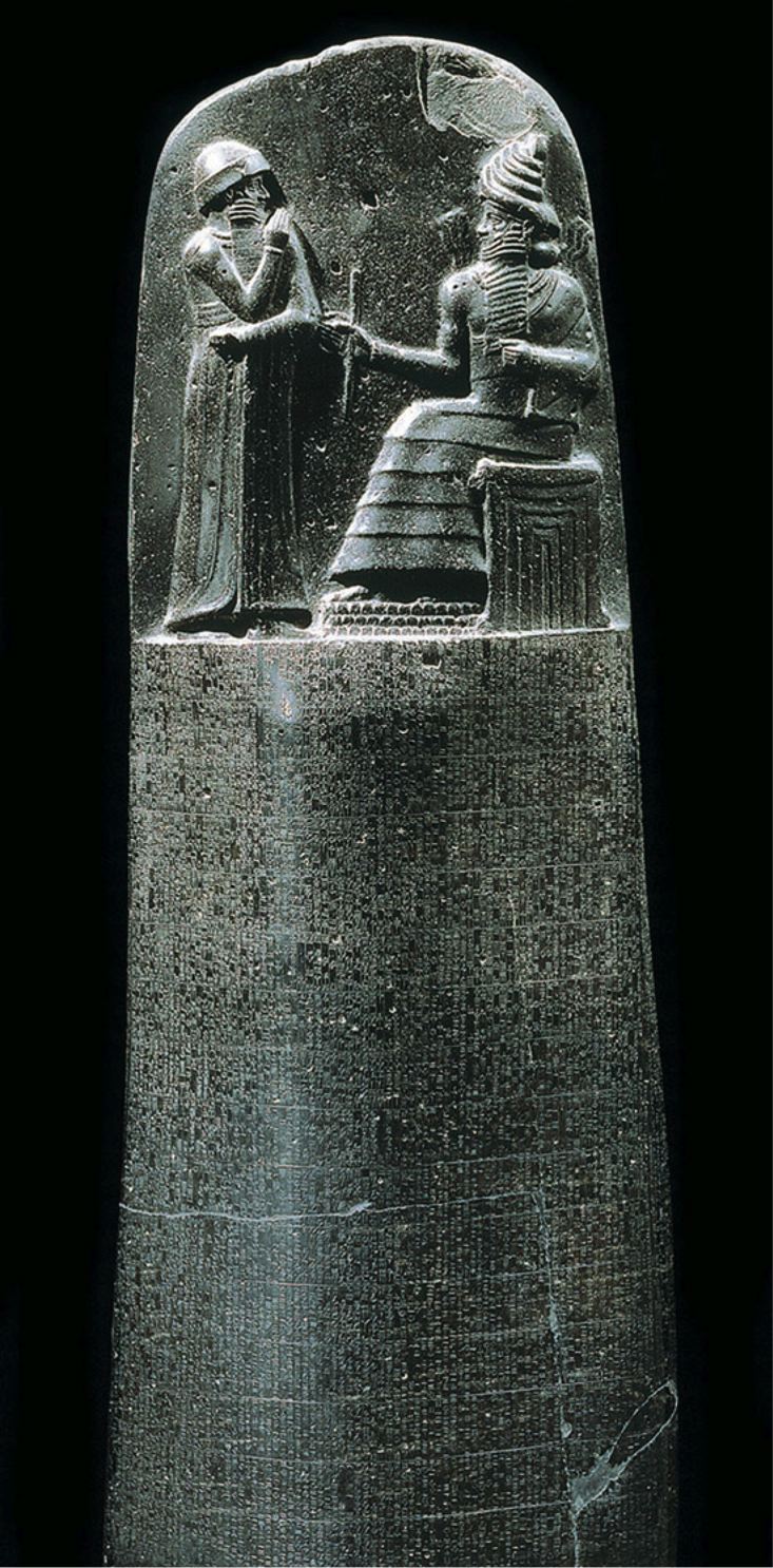 <p><span>engraved on a black basalt stele reaching to over 7 feet in height. The text consists of 3,500 lines of Akkadian cuneiform, and begins with an account of the temples Hammurabi restored. Details penalties for law breakers. ca. 1760</span></p>