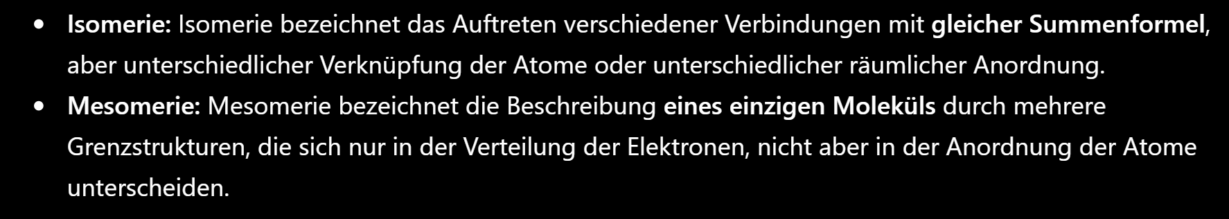 <ul><li><p>Resonanzformeln: mesomere Grenzstrukturen, keine echte Verbindungen, hilft sich vorzustellen wie Struktur aussieht</p><ul><li><p><span style="color: rgb(255, 255, 255);">Resonanzstruktur mit größtmöglicher Anzahl Elektronenoktetts bevorzugt</span></p></li><li><p>Negative Ladungen bevorzugt am Ort höchster EN</p></li><li><p>Positive Ladungen bevorzugt am Ort geringster EN</p></li><li><p><span style="color: rgb(242, 8, 8);">Resonanzformeln mit möglichst geringer Ladungstrennung bevorzugt</span></p></li></ul></li></ul><p></p>