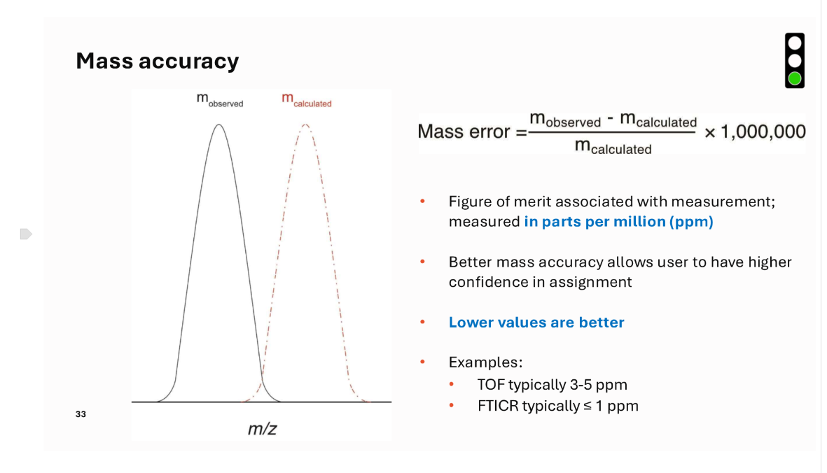<p>mass observed- mass calculated/m calc x 1,000,000</p><p>its a figure of merit, better mass allows to have higher confidence in assignment</p><p>llower values are better (ppm)</p>