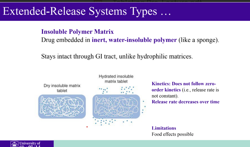 <ul><li><p>Insoluble polymer matrix </p></li><li><p>Drug embedded in inert, water-insoluble polymer (like a sponge).</p><p>Stays intact through the GI tract, unlike hydrophilic matrices.</p></li></ul><p></p>