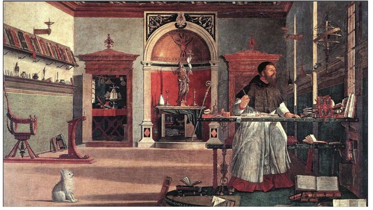 <ul><li><p>Augustin d'Hippone est un citoyen romain qui se convertit au christianisme</p></li></ul><p>`</p><ul><li><p>Le tableau mélange la religion et l’humanisme</p><ul><li><p>religion : la croix, l’autel</p></li><li><p>humanisme : les livres, le bureau, le manuscrit, le pupitre</p></li><li><p>la porte ouverte vers un espace de travail</p></li></ul></li></ul><p>`</p><ul><li><p>Saint Augustin représente un homme de lettres, de religion et de science = l’idéal humaniste</p></li></ul><p></p>