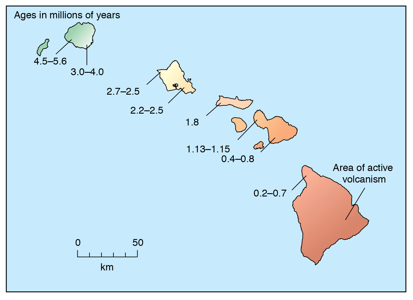 <p>Using the same map and the scale shown on the map, what is the approximate speed of the Pacific plate as it moves over this hotspot? Choose the closest approximate answer.</p>