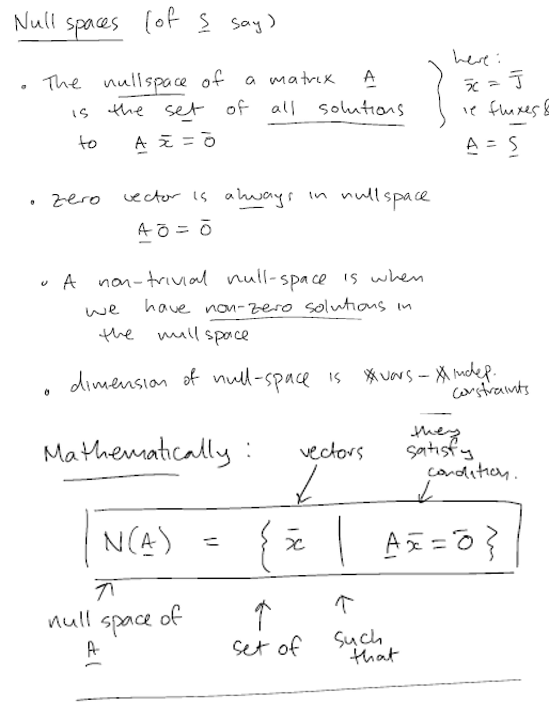<ul><li><p><strong>Definition:</strong> A stoichiometric approach to mathematical modeling that applies the <strong>law of conservation of mass</strong> to track the net movement (fluxes) of metabolites through complex reaction networks.</p></li><li><p><strong>Core Purpose:</strong> Enables the study of large-scale metabolic networks (reconstructed from genome sequencing) without needing dynamic rate equations, constitutive laws, or kinetic constants.</p></li><li><p><strong>Stoichiometric Matrix (</strong><span style="font-family: KaTeX_Main, "Times New Roman", serif; line-height: 1.2; font-size: 1.21em;"><strong><em>S</em></strong></span><strong>):</strong></p><ul><li><p>Expresses the system of reaction equations in a condensed matrix form by separating reaction flux terms from their coefficients.</p></li><li><p>Captures how species concentrations change across specific reactions in the system.</p></li></ul></li><li><p><strong>Steady State Assumption:</strong> Systems are typically analyzed at steady state (<span style="font-family: KaTeX_Main, "Times New Roman", serif; line-height: 1.2; font-size: 1.21em;"><em>d</em><strong>C/</strong>dt=<strong>S</strong>⋅<strong>v</strong>=0</span>), representing homeostatic conditions where metabolite concentrations remain constant over time.</p></li><li><p><strong>Underdetermined Systems ("The Catch"):</strong></p><ul><li><p>Metabolic networks typically feature more reactions/fluxes (columns) than species/metabolites (rows).</p></li><li><p>This creates an underdetermined system of equations with multiple feasible solutions (a non-trivial <strong>null space</strong>), requiring optimization methods to resolve.</p></li></ul></li></ul><p></p>