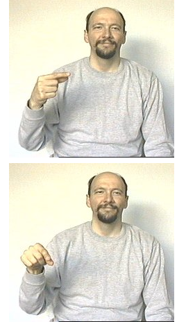 <p>dom hand makes the letter “g” and shakes it down and up </p>