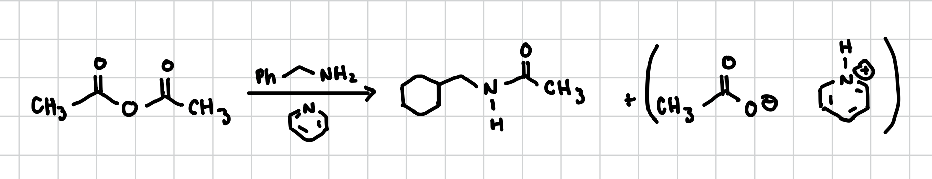 <p>An anhydride is the W looking thing with oxygens this reaction turns that into an amine. Attaches the NH group to where the oxygen was and replaces everything with what it had attached.</p><p>Reagents: R-NH2, plus aromatic Nitryl ring</p>