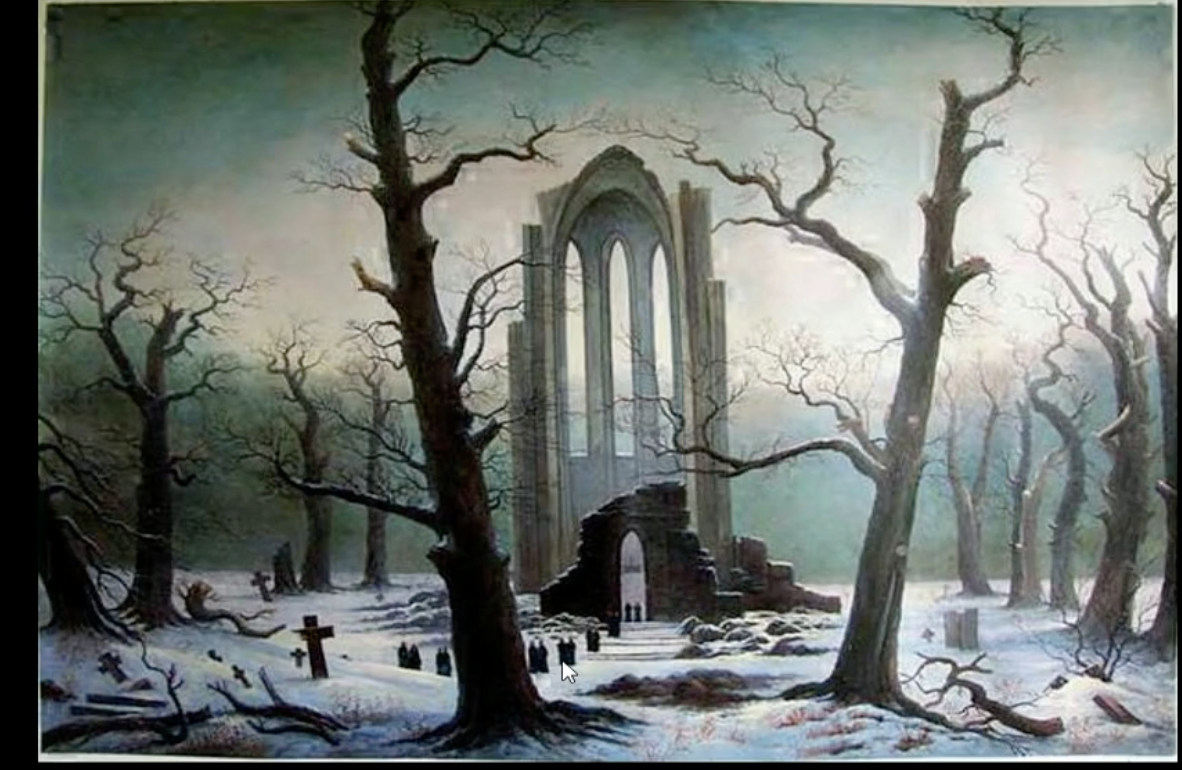 <p>the landscape as “sublime”</p><p>contrast of scale: human vs. nature</p><ul><li><p>humans are so small theyre vulnerable (and are not the main focus)</p></li></ul><p></p>