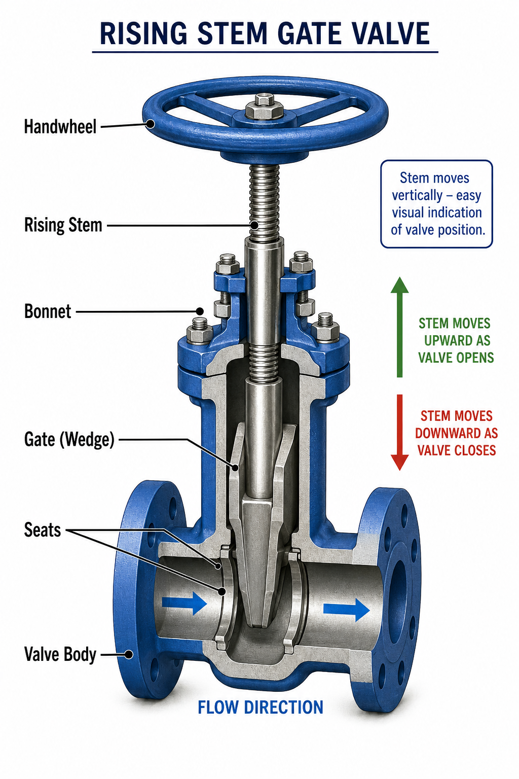 <p><strong><mark data-color="blue" style="background-color: blue; color: inherit;">STEM MECHANISM: gate valve</mark></strong></p><p></p><p><strong><mark data-color="yellow" style="background-color: yellow; color: inherit;">Description</mark></strong></p><ul><li><p>The <strong>stem moves upward</strong> as the valve opens.</p></li><li><p>You can <strong>see the stem rising</strong>, making it easy to determine whether the valve is open or closed.</p></li></ul><p><strong><mark data-color="yellow" style="background-color: yellow; color: inherit;">Common Uses</mark></strong></p><ul><li><p>Water treatment plants</p></li><li><p>Industrial piping</p></li><li><p>Refineries</p></li><li><p>Power plants</p></li></ul><p><strong><mark data-color="yellow" style="background-color: yellow; color: inherit;">Advantaged</mark></strong></p><p><span data-name="check_mark_button" data-type="emoji">✅</span> Easy visual indication of valve position</p><p><span data-name="check_mark_button" data-type="emoji">✅</span> Easier maintenance</p><p><strong><mark data-color="yellow" style="background-color: yellow; color: inherit;">Disadvantages</mark></strong></p><p><span data-name="cross_mark" data-type="emoji">❌</span> Requires more vertical clearance</p>