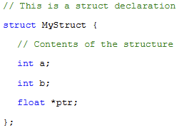 <p>A mechanism for packing multiple variables of different types into a single fixed-size block known at compile time, treating them as a single data structure rather than an object. Can use sizeof(struct MyStruct) to determine byte size.</p>