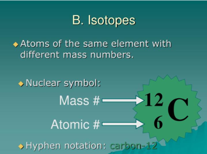 <p><span>Consists of two numbers on the left, one on top of the other, and the elements symbol on the right.&nbsp; The top number is the mass number, which is the total number of neutrons plus protons.&nbsp; The bottom number is the atomic number, which is the protons alone.&nbsp; The name of the isotope is derived from the name of the element, followed by a dash, followed by the mass number.&nbsp; (See Picture for an example of Carbon-12.)</span></p><p><br></p>