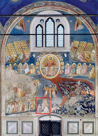 <p>Enrico Scrovegni offrant sa chapelle aux trois vierges, détail du jugement dernier </p><p>Giotto </p><p>1303-1306</p><p> Padoue, chapelle Scrovegni</p>