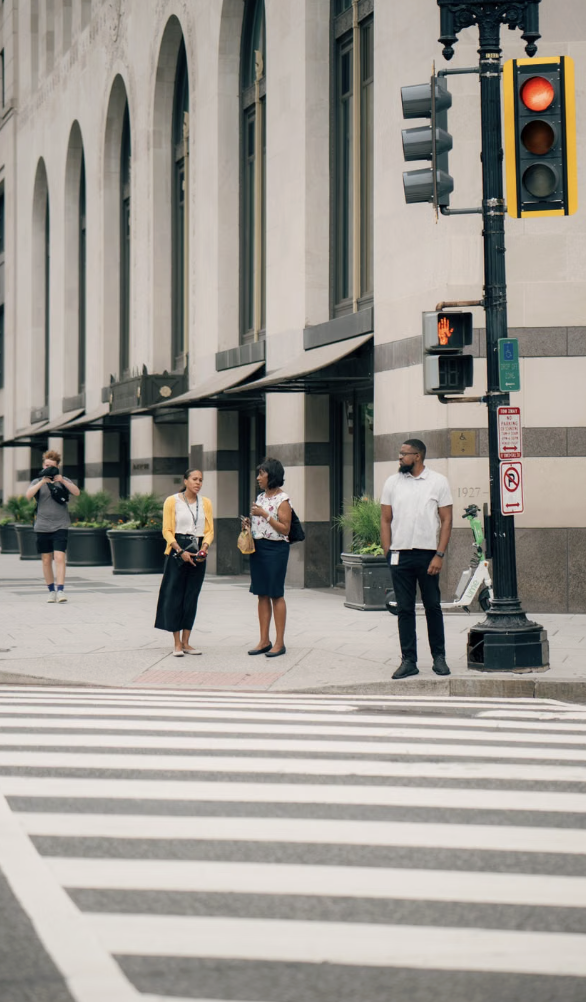 <p>Wait until signals say to walk and show walk light.</p>