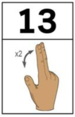 <p>palm facing me hold out thumb middle and pointer finger flick fingers twice</p>