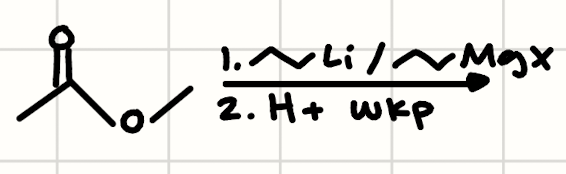 <p>(Ester) + (1. Organolithium or Grignard 2. H+ wkp)</p>