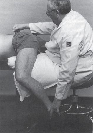 <ul><li><p>sit on same side of dysfxn w/ thighs parallel </p></li><li><p>pillow under pelvis (neutral) </p></li><li><p>monitor same side TP w/ opp hand </p></li><li><p>grasp knee + flex hip/knee → place leg on your thighs</p></li><li><p>localize via movie leg sup. (roll closer to head)</p></li><li><p>lat. knee push into pt. popliteal fossa (raise + lat = traction)</p></li><li><p>non monitoring hand pushes leg to floor until motion felt → hold 3-5 sec → neutral </p></li></ul><p></p>