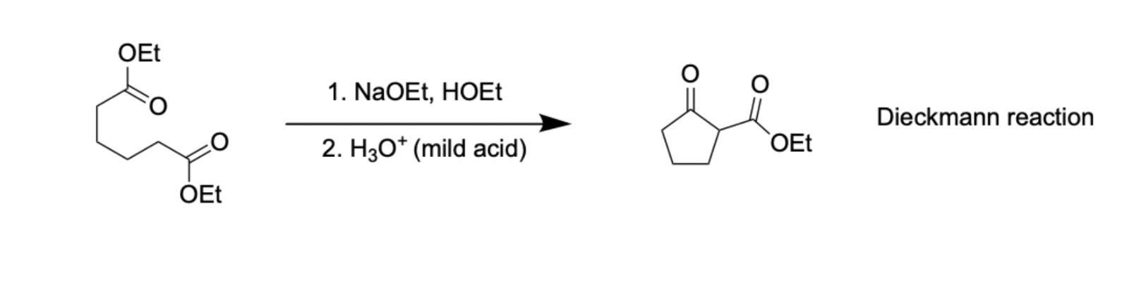 <p>3) <strong>Dieckmann Condensation</strong></p><p><strong>1) NaOEt, HOEt</strong></p><p><strong>2) H3O+ (mild acid)</strong></p>