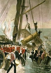<p>to calm passengers, soldiers obeyed orders to line up on deck as their ship sank ("women and children first")</p>