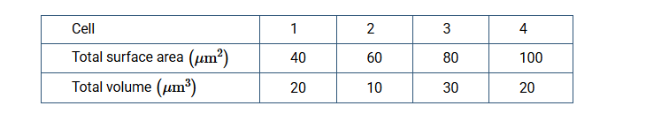 <p>Some cells, such as intestinal cells, exchange a lot of material with their surroundings. The surface-to-volume ratio of these cells affects the efficiency of material exchange.</p><p class="passage_para">The table provides measurements of four different eukaryotic cells.<br>Based on the data, which cell is likely to be most effective in the exchange of materials?</p><p><strong>A) </strong>Cell 1</p><p><strong>B) </strong>Cell 2</p><p><strong>C) </strong>Cell 3</p><p><strong>D) </strong>Cell 4<br></p>