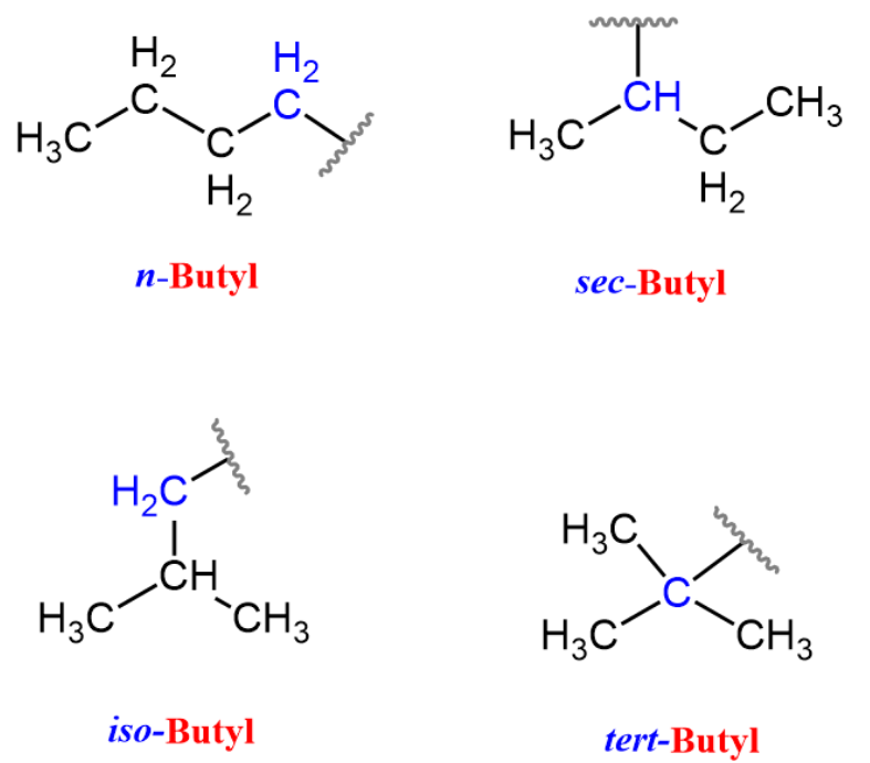 <ol><li><p>n-butyl</p></li><li><p>Isobutyl </p></li><li><p>Sec-butyl</p></li><li><p>Tert-butyl</p></li></ol><p></p>