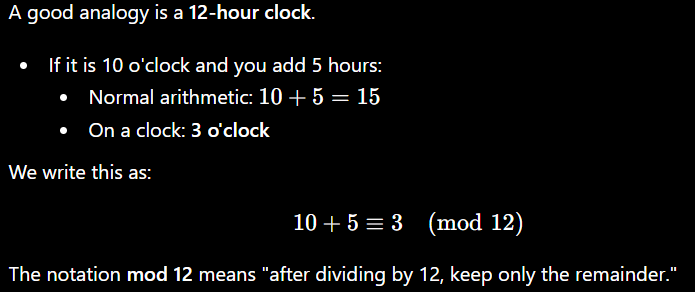 <p>a system of arithmetic where numbers <strong>wrap around</strong> after reaching a certain value, called the <strong>modulus</strong>.</p>