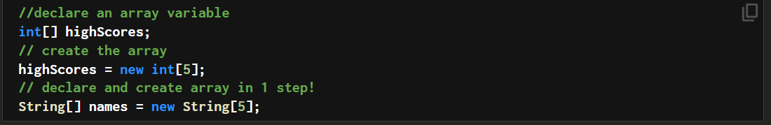 <p><span>use the </span><strong>new</strong><span> keyword with the type and the size of the array (the number of elements it can hold). This will actually create the array in memory. </span></p><ul><li><p><span>You can do the declaration and the creation all in one step, see the String array </span><code>names</code><span> below. The size of an array is set at the time of creation and cannot be changed after that.</span></p></li></ul><p></p>