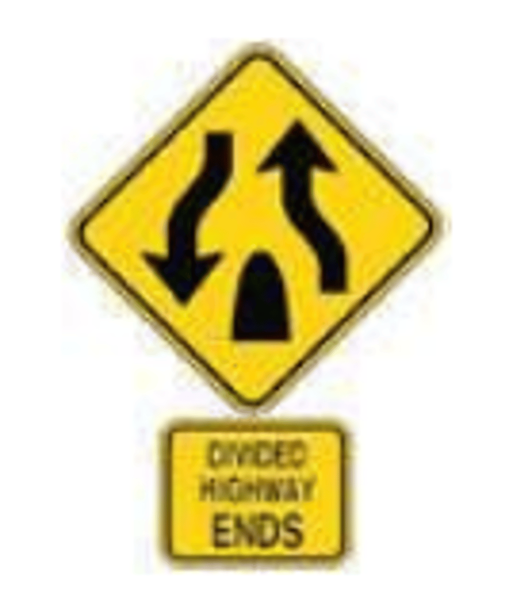 <p>A warning sign indicating the end of a divided highway.</p>
