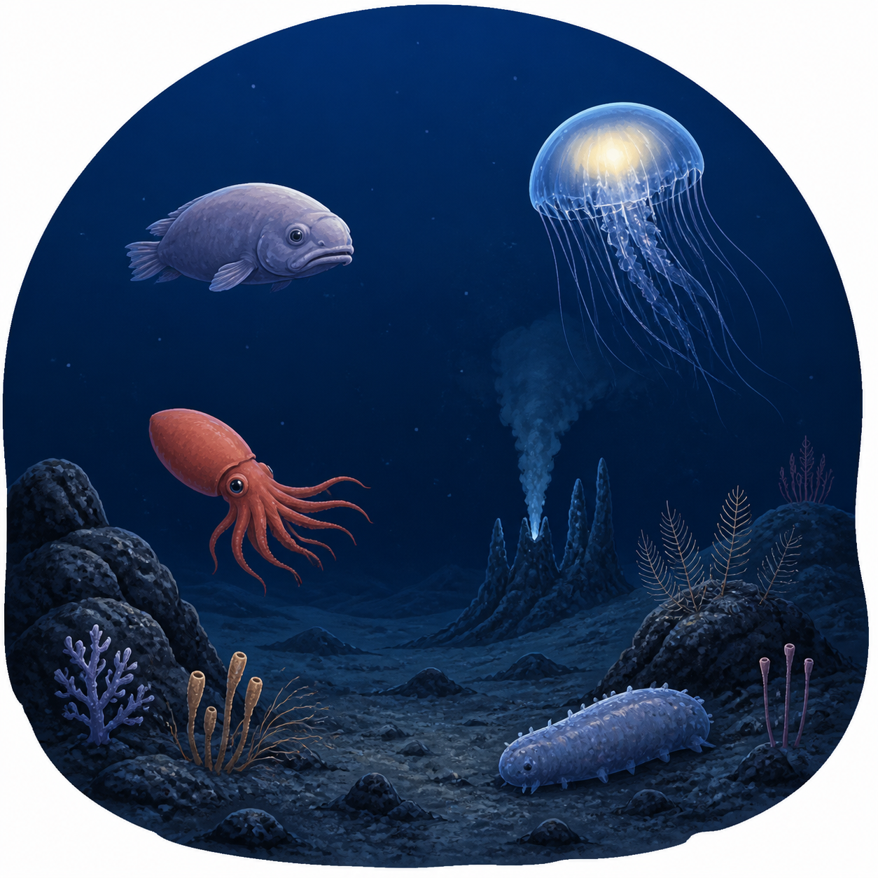 <p>The deepest part of the ocean that is very cold and completely dark.</p>