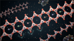 <p>What is the term/concept being visualized in this image?</p><p>Definition: Two adjacent single chains share oxygen atoms, creating double-chain structures with characteristic cleavage angles near 60° and 120° (e.g., Amphibole group / Hornblende).</p>