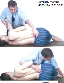 <ul><li><p>down on axis, hug table, monitor sacral base w/ hips flexed >90, push down on feet</p></li><li><p>down on axis, monitor sacral base, draw shoulder to face up, flex hips <90, push down on knees</p></li></ul><p></p>