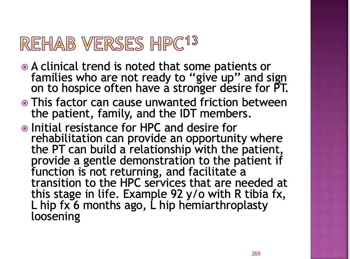 <p><span>HPC: hospice and palliative care</span></p><p style="text-align: left;"></p><p style="text-align: left;"><span>Sometimes families have to be convinced – example at the bottom;</span></p><p style="text-align: left;"></p><p style="text-align: left;"><span>Sometimes you have to gently show the family they need hospice by giving them treatment for a couple days/weeks and then when there is no improvement you can have another conversation</span></p>