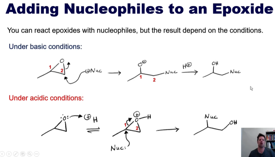<p><strong>Under basic Conditions: </strong>Gets added to the carbon with least interference. </p><p></p><p><strong>Under Acidic Conditions: </strong>We are going to have the nucleophile attack the <strong>most stable carbocation. </strong></p>