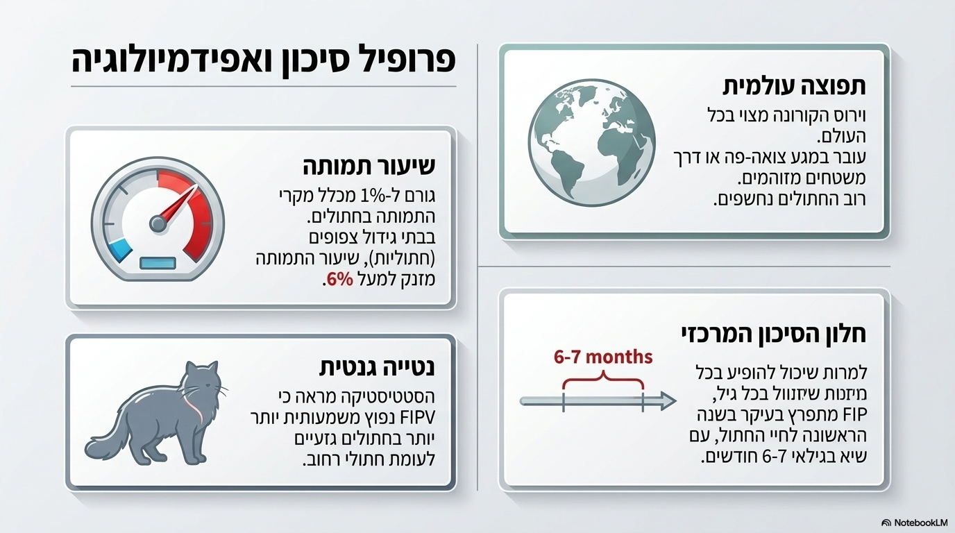 <ul><li><p><strong>תפוצה והעברה</strong>: וירוס הקורונה נפוץ בכל העולם, מצוי אצל רוב החתולים ועובר ביניהם דרך <strong>מגע צואה-פה</strong> או במגע עם <strong>משטח מזוהם</strong>.</p></li><li><p><strong>שיעורי תמותה</strong>: נגיף ה<strong>אף.איי.פי.</strong> הוא גורם תמותה נפוץ מאוד בחתולים — אחראי לכ-<strong>1% ממקרי התמותה בכלל</strong>, ומעל ל-<strong>6% ממקרי התמותה בחתוליות</strong> צפופות (עקב תנאי הצפיפות).</p></li><li><p><strong>גיל וגזע בסיכון</strong>: מופיע בעיקר בשנה הראשונה לחיים, סביב גילאי <strong>6–7 חודשים</strong>, אך עלול להופיע בכל גיל. המחלה נפוצה יותר בקרב <strong>חתולים גזעיים</strong></p></li></ul><p></p>