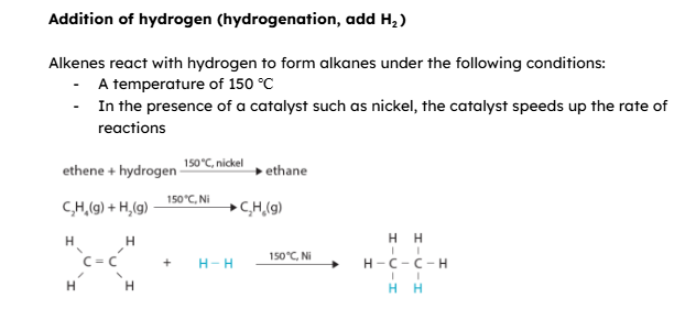 <p>** must remember to write condition </p><p>**all in gaseous state </p><p>**changes to alkane </p>