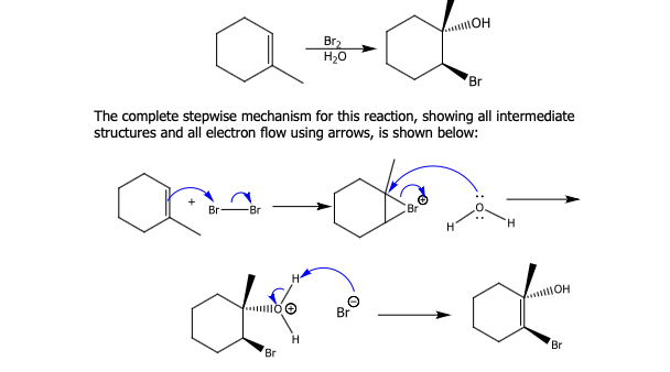 <p><span>Example: The reaction of bromine in water with methylcyclohexene. It should also be noted that another water molecule could also remove the proton in the third step.</span></p>