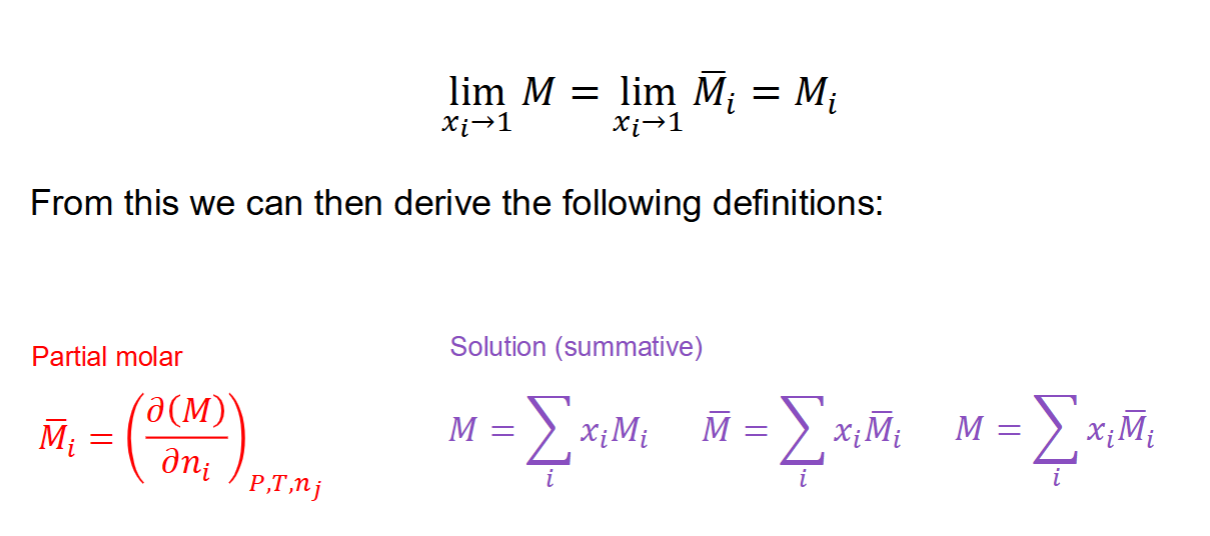 <p>• 𝑀𝑖 – is the property for each individual specie</p><p>• <u>𝑀</u>𝑖 – is the partial molar property of a component in mixture</p><p>• 𝑀 – represents of all the individual components together</p>