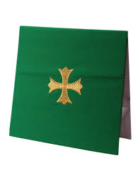 <p>square container for holding the corporal, selected for the liturgical color of the Mass</p>
