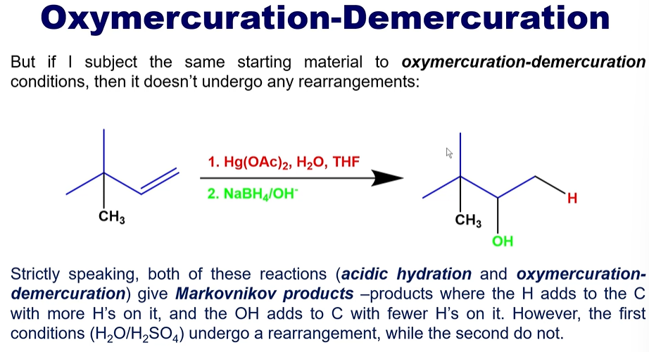 <p><strong>USED </strong>for Acid catalyzed hydration reactions: <br><strong>SINCE: </strong>It’s intermediates CAN undergo carbocation rearrangements if it INCREASES stability.</p><p></p><p><strong>SO INSTEAD: </strong> <br>A reaction that does the same thing as acid catalyzed hydration <strong>without the rearrangements. </strong></p><p></p><p></p><p>BOTH ARE STILL <strong>MARKOVNIKOV </strong>(we are only avoiding a carbocation rearrangment)</p>
