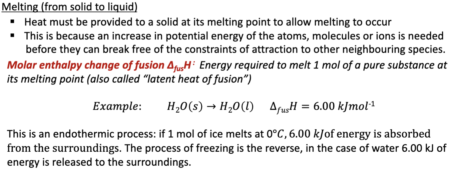 <p>absorb energy bc for bonds to break - the potential energy has to increase</p><p>freezing is opposite</p>